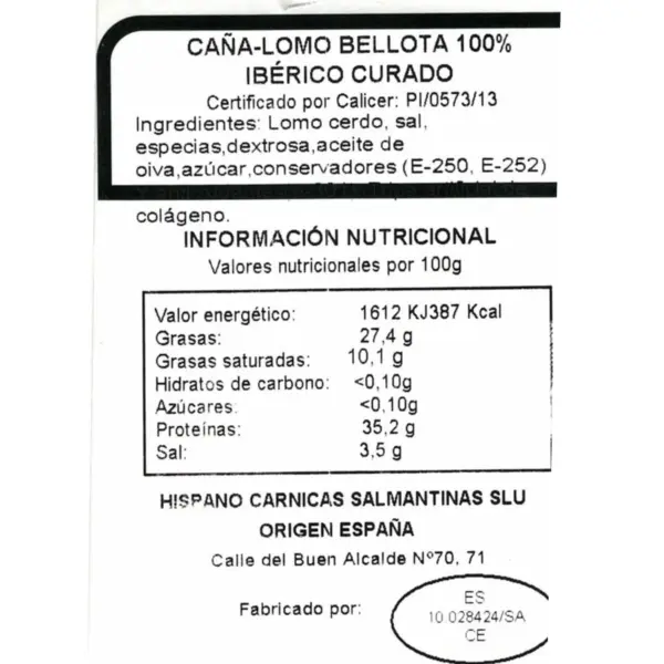 Etiqueta caña de lomo bellota ibérico 100% raza ibérica